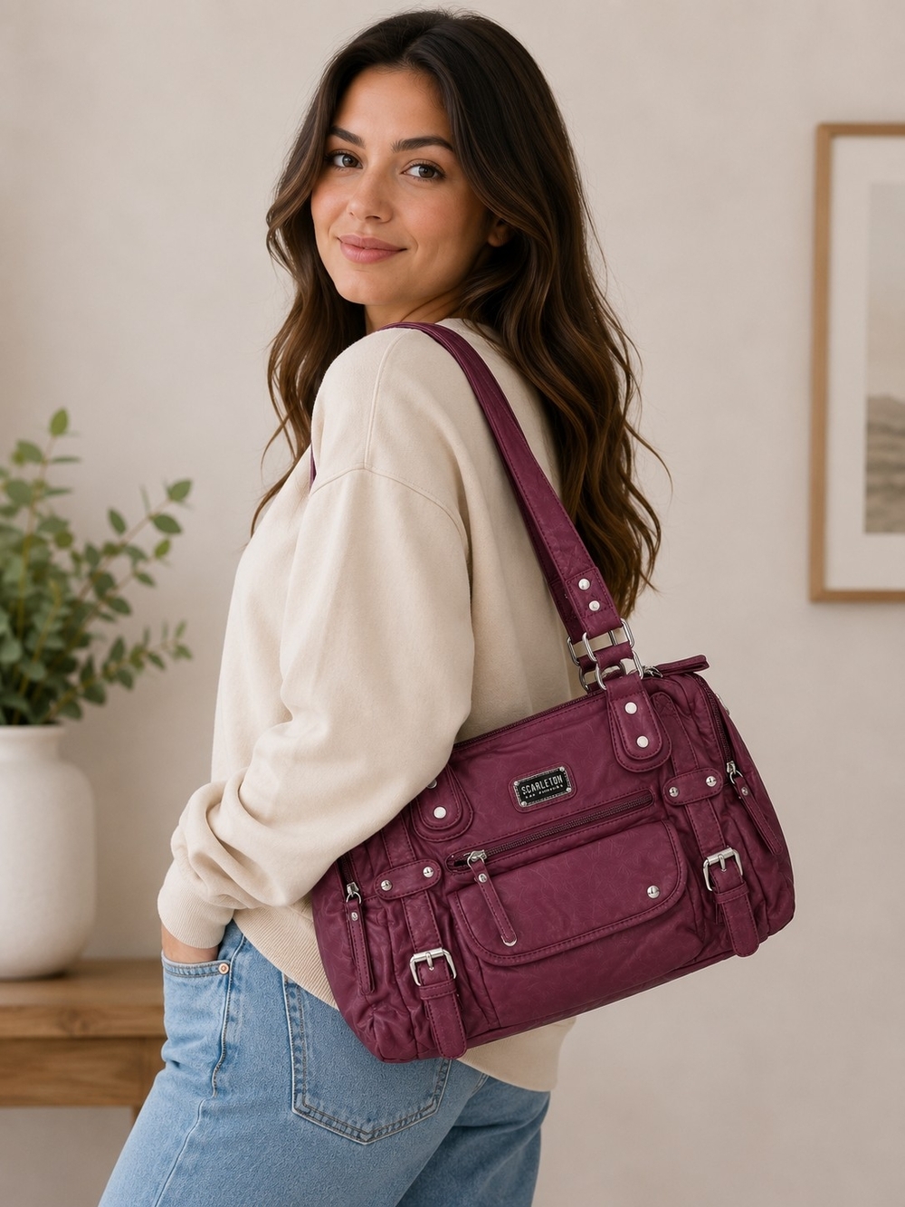 Scarleton Burgundy Satchel Shoulder Bag – Multi Pocket – Faux Leather – Silver H